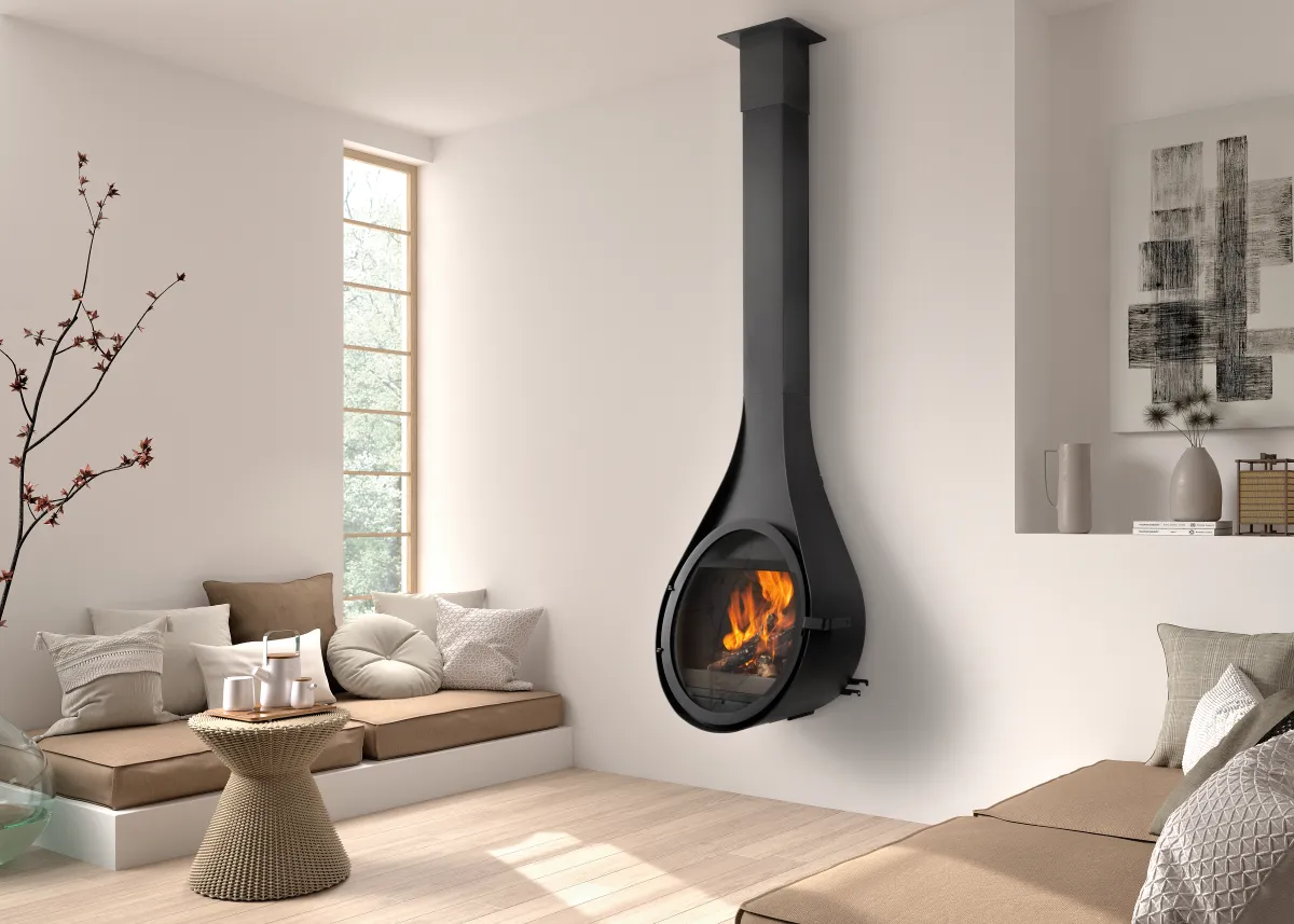 Designový krb ROCAL Drop v moderním interiéru. Krb jako designový prvek.