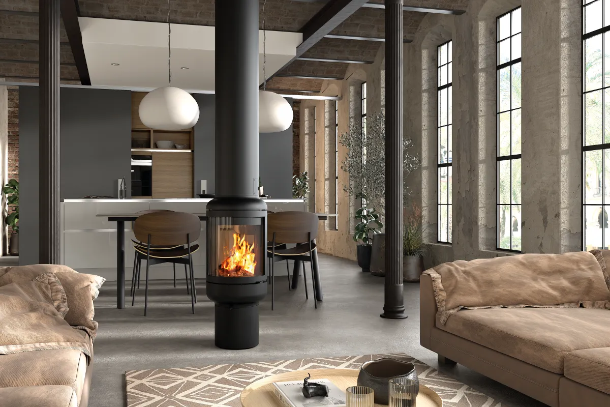 Designový krb Vesta Central stojící na zemi v moderním interieru. Značka Rocal