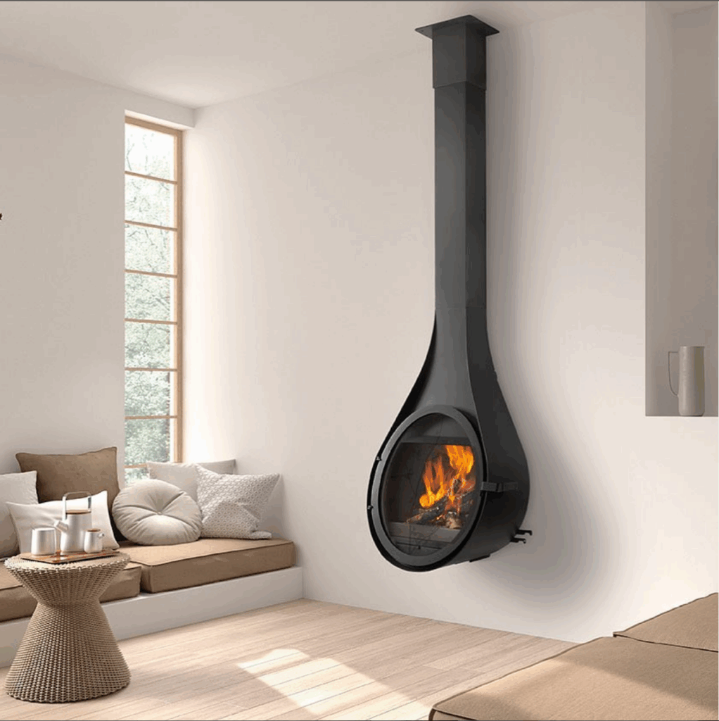 Designový krb na dřevo zavěšený na zdi v elegantním moderním interiéru rodinného domu, výrobce krbu je Rocal, model krbu je Drop Mini. V krbu hoří oheň.