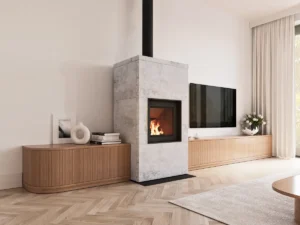 Produkty Flamen - Akumulační kamna na dřevo s masivní obestavbou v moderním obývacím pokoji, minimalistický interiér s dřevěným nábytkem.